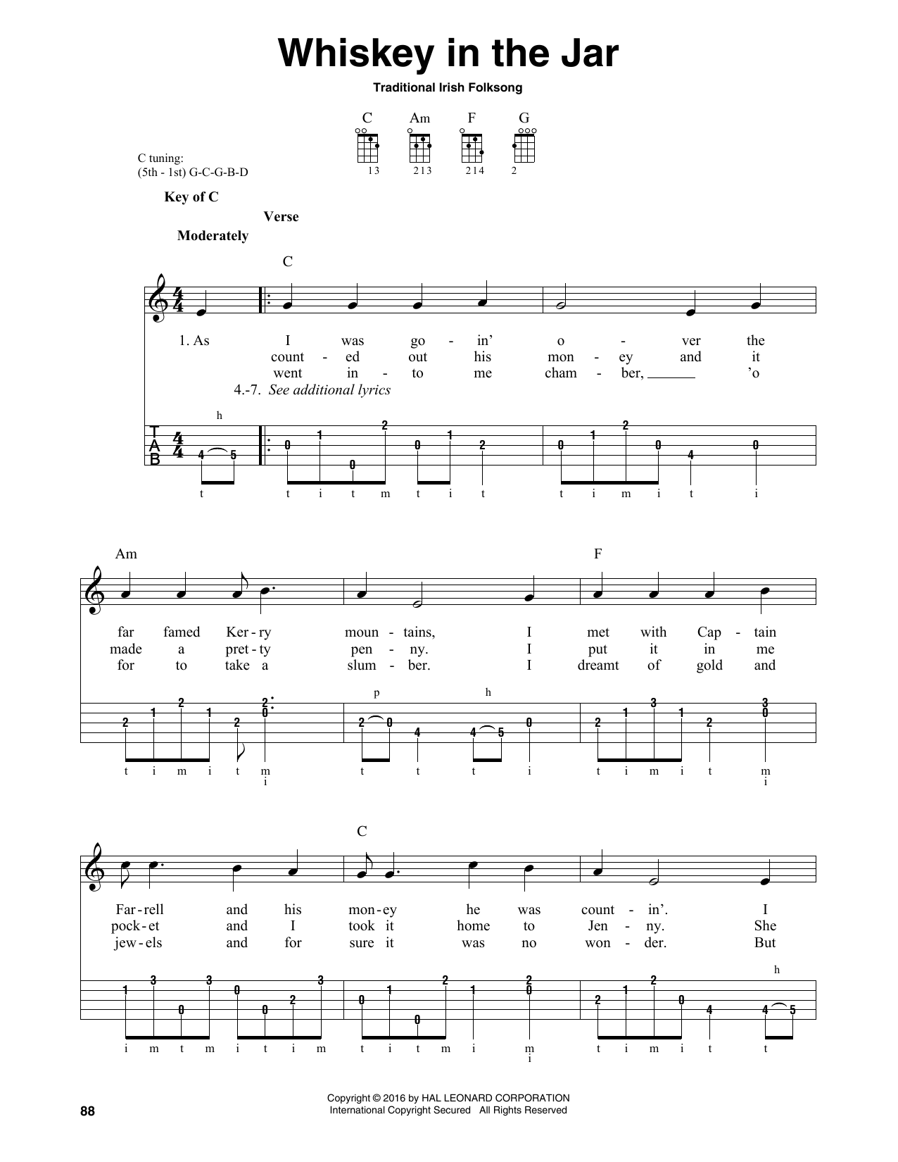 Traditional Irish Folk Song Whiskey In The Jar sheet music notes and chords. Download Printable PDF.