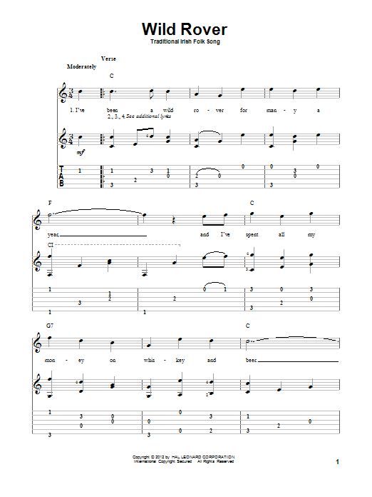 Traditional Irish Folk Song Wild Rover sheet music notes and chords. Download Printable PDF.