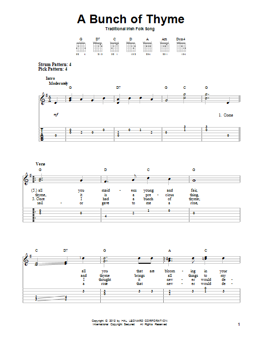 Learn to play Irish Folksong A Bunch Of Thyme sheet music for Easy Guitar Tab in minutes. Price: 6.9900$ Irish Folksong A Bunch Of Thyme sheet music notes and chords arranged for Easy Guitar Tab