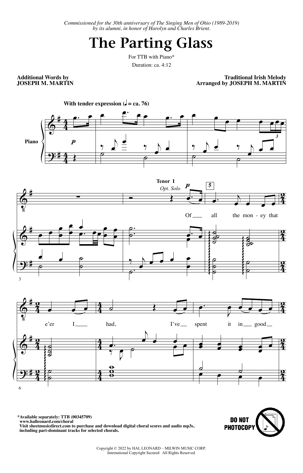 Learn to play Traditional Irish Melody The Parting Glass (arr. Joseph M. Martin) sheet music for TTBB Choir in minutes. Price: 3.9900$ Traditional Irish Melody The Parting Glass (arr. Joseph M. Martin) sheet music notes and chords arranged for TTBB Choir