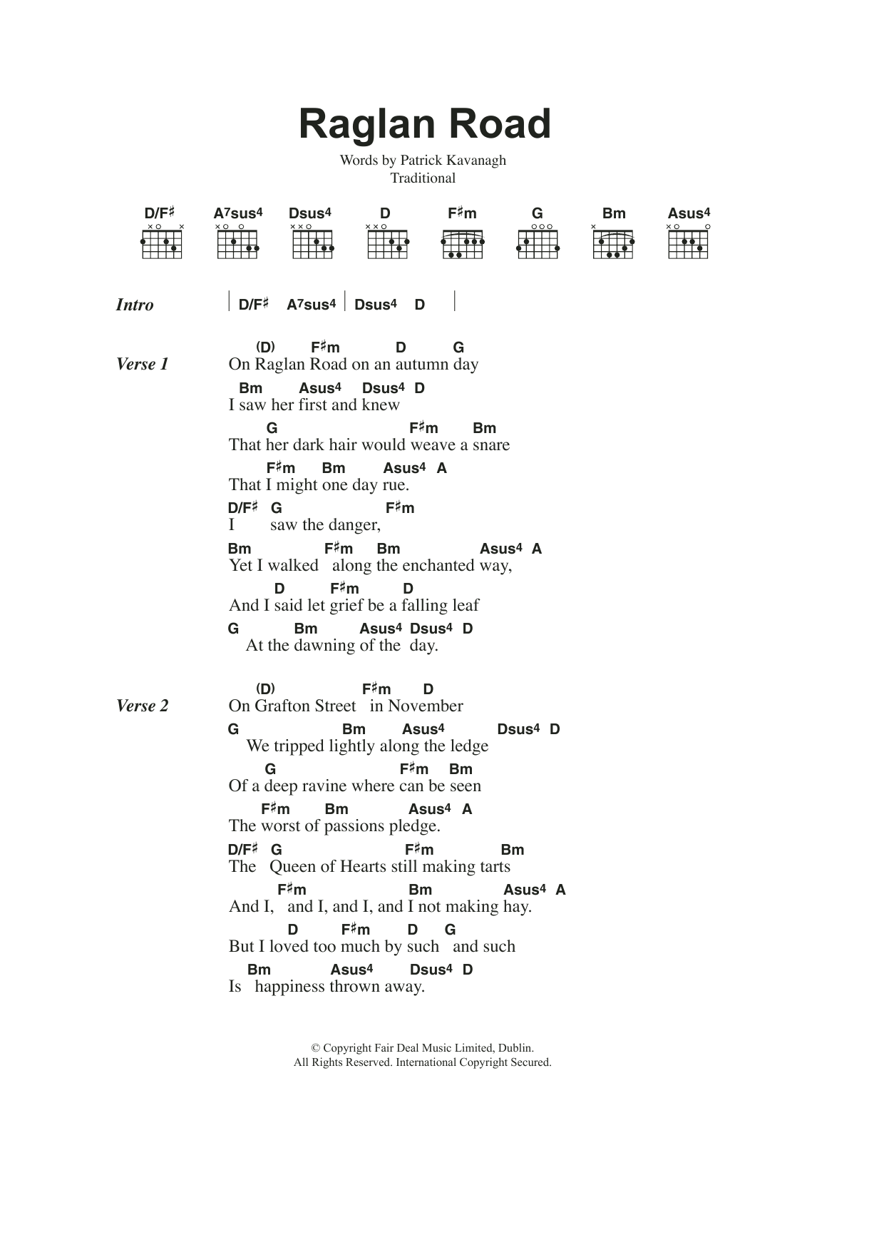 Traditional Irish Raglan Road sheet music notes and chords. Download Printable PDF.