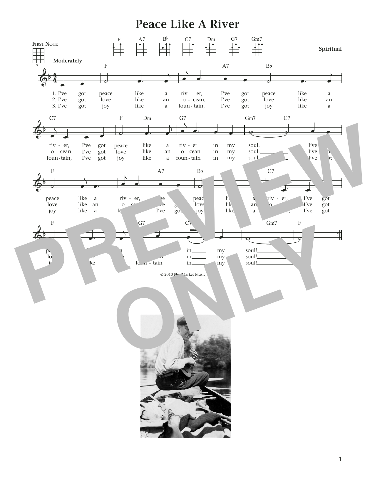 Learn to play Traditional I've Got Peace Like A River (from The Daily Ukulele) (arr. Liz and Jim Beloff) sheet music for Ukulele in minutes. Price: 5.9900$ Traditional I've Got Peace Like A River (from The Daily Ukulele) (arr. Liz and Jim Beloff) sheet music notes and chords arranged for Ukulele