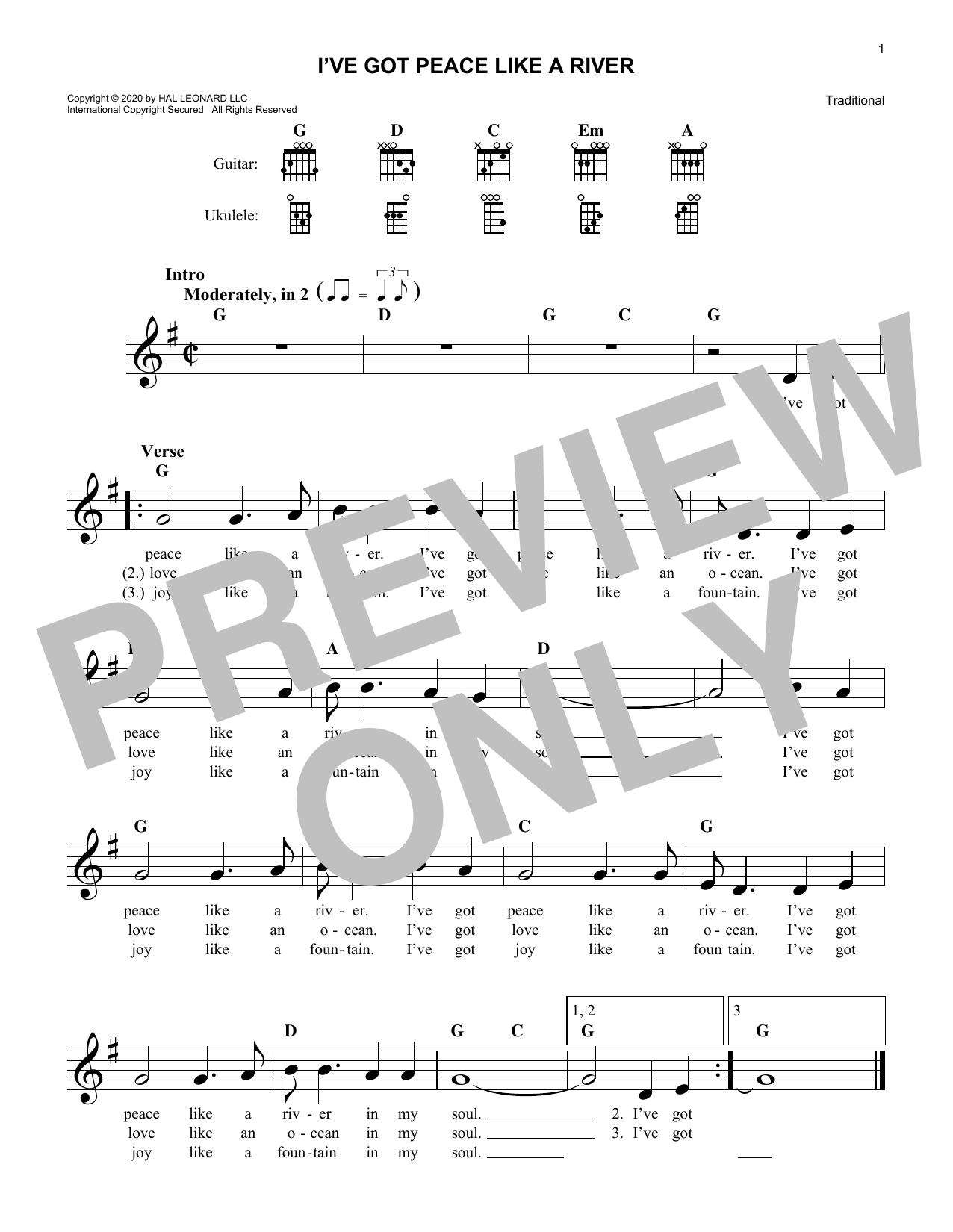 Traditional I've Got Peace Like A River sheet music notes and chords. Download Printable PDF.