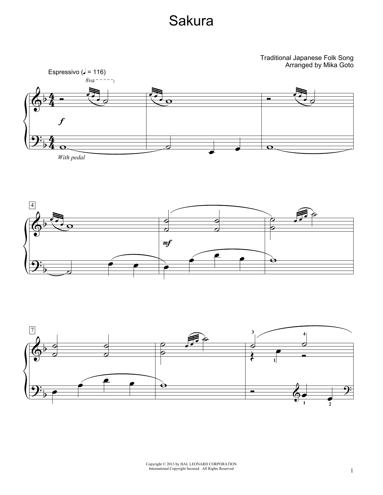 Traditional Japanese Folk Song Sakura (arr. Mika Goto) sheet music notes and chords. Download Printable PDF.