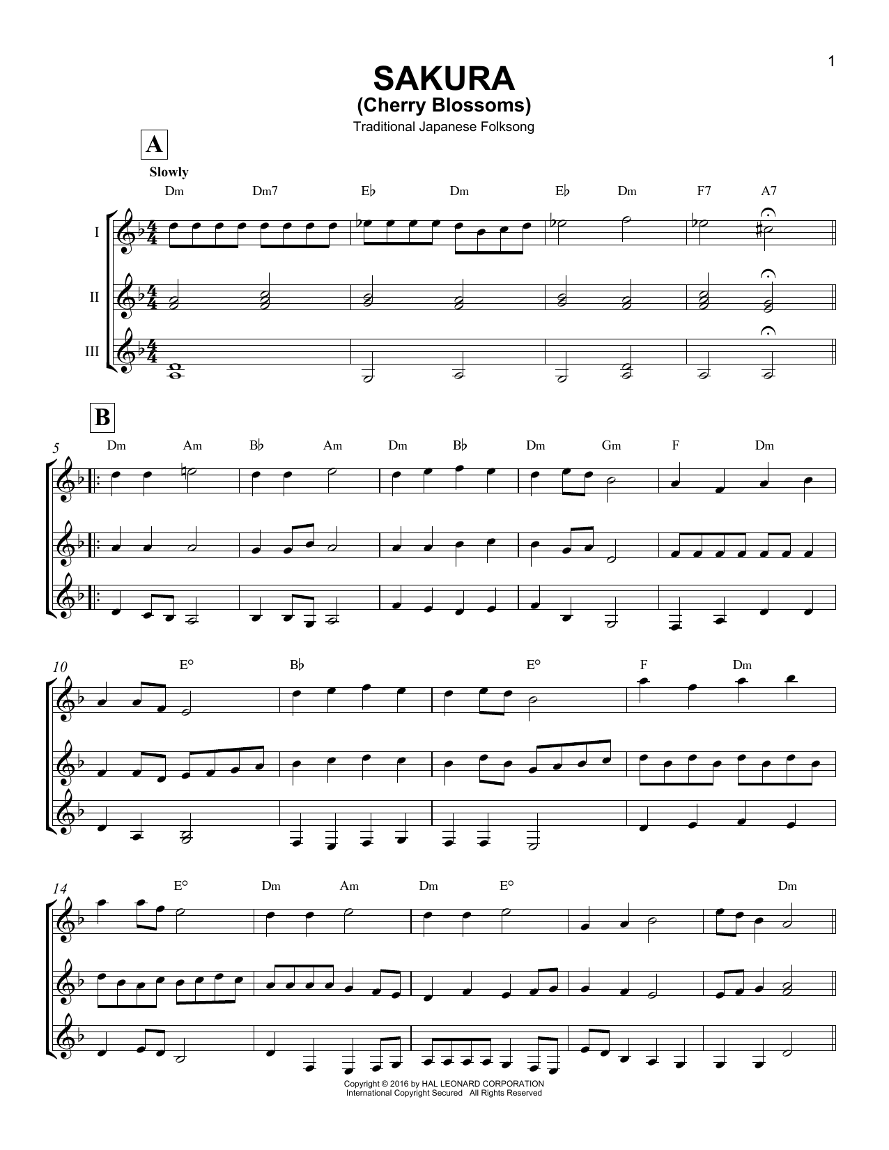 Japanese Folksong Sakura (Cherry Blossoms) sheet music notes and chords. Download Printable PDF.