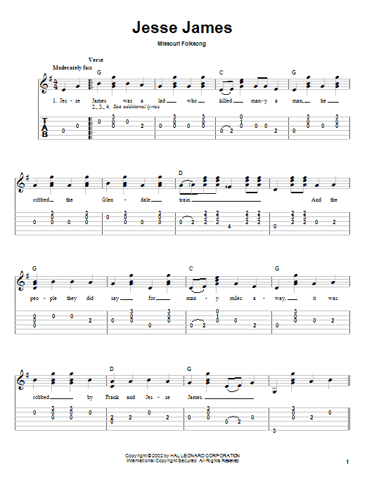 Traditional Jesse James sheet music notes and chords. Download Printable PDF.