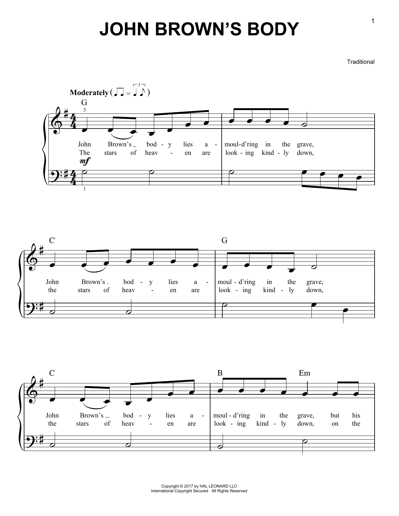 Traditional John Brown's Body sheet music notes and chords. Download Printable PDF.