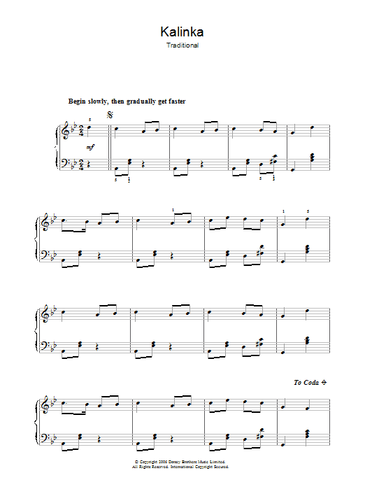 Learn to play Traditional Kalinka sheet music for Piano, Vocal & Guitar Chords in minutes. Price: 7.8900$ Traditional Kalinka sheet music notes and chords arranged for Piano, Vocal & Guitar Chords