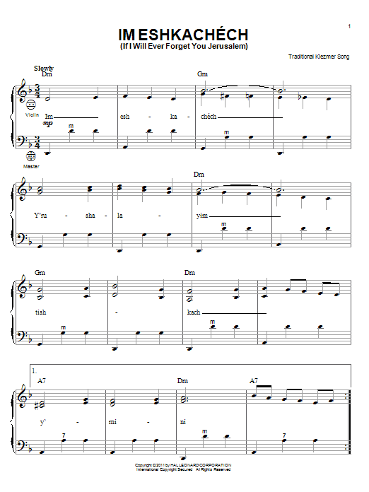 Traditional Klezmer Song Im Eshkachech (If I Will Ever Forget You Jerusalem) sheet music notes and chords. Download Printable PDF.