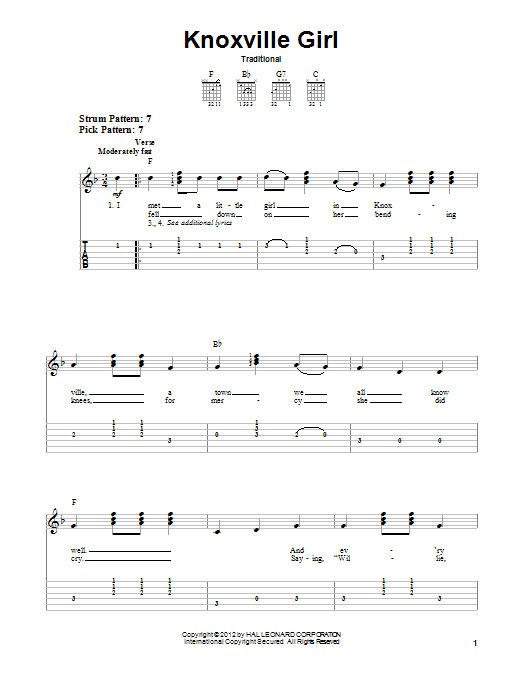 Traditional Knoxville Girl sheet music notes and chords. Download Printable PDF.