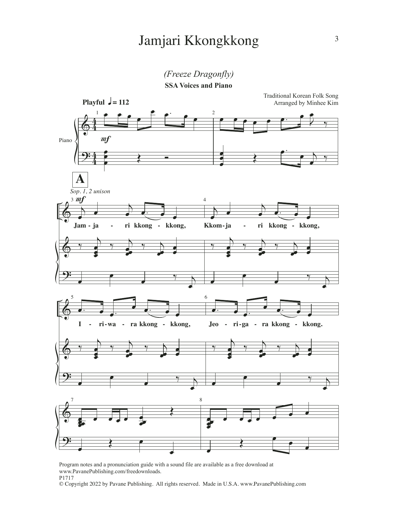 Traditional Korean Folk Song Jamjari Kkongkkong (Freeze Dragonfly) (arr. Minhee Kim) sheet music notes and chords arranged for SSA Choir