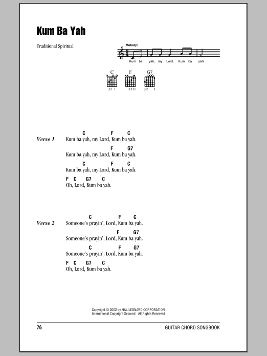 Traditional Kum Ba Yah sheet music notes and chords. Download Printable PDF.