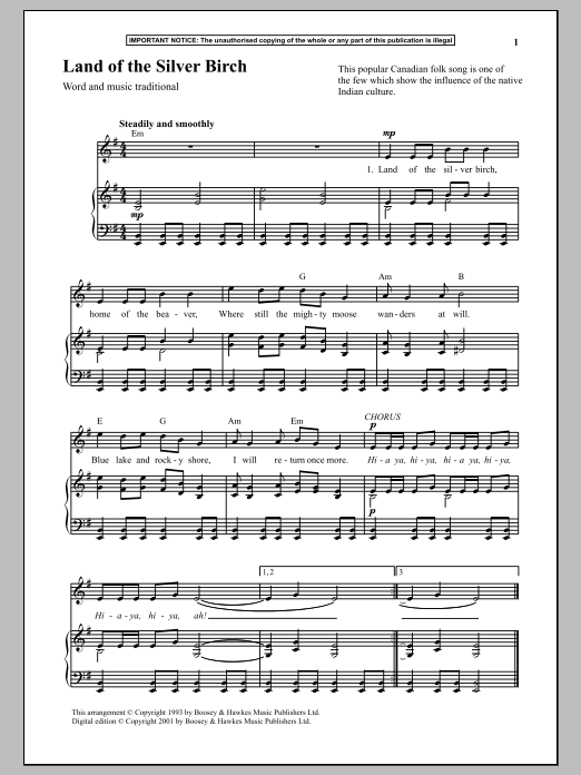 Traditional Land Of The Silver Birch sheet music notes and chords. Download Printable PDF.