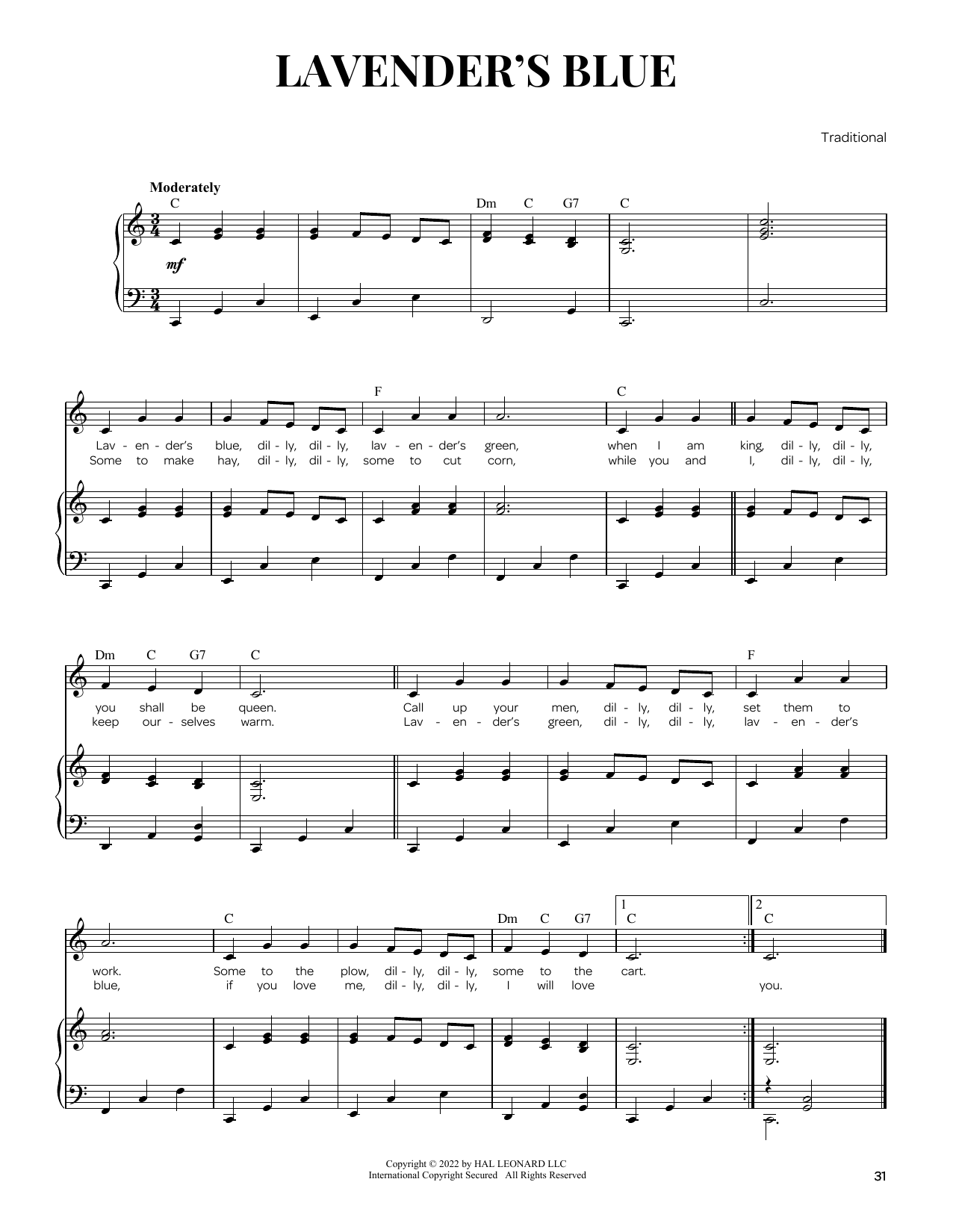 Traditional Lavender's Blue sheet music notes and chords arranged for Piano & Vocal