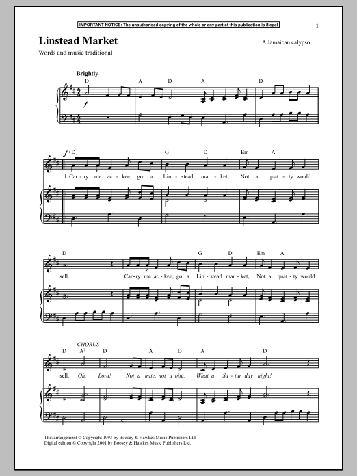 Traditional Linstead Market sheet music notes and chords. Download Printable PDF.