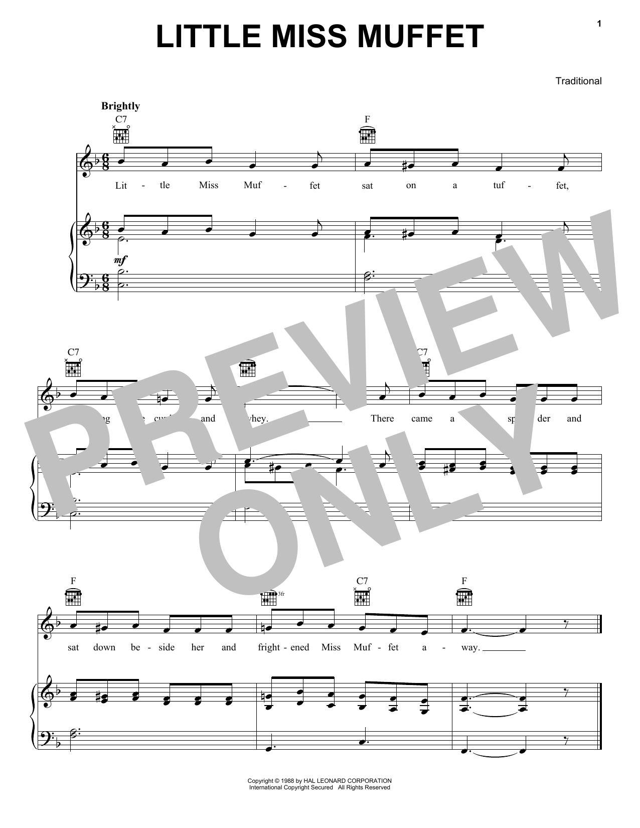 Learn to play Traditional Little Miss Muffet sheet music for Piano, Vocal & Guitar Chords (Right-Hand Melody) in minutes. Price: 7.8900$ Traditional Little Miss Muffet sheet music notes and chords arranged for Piano, Vocal & Guitar Chords (Right-Hand Melody)