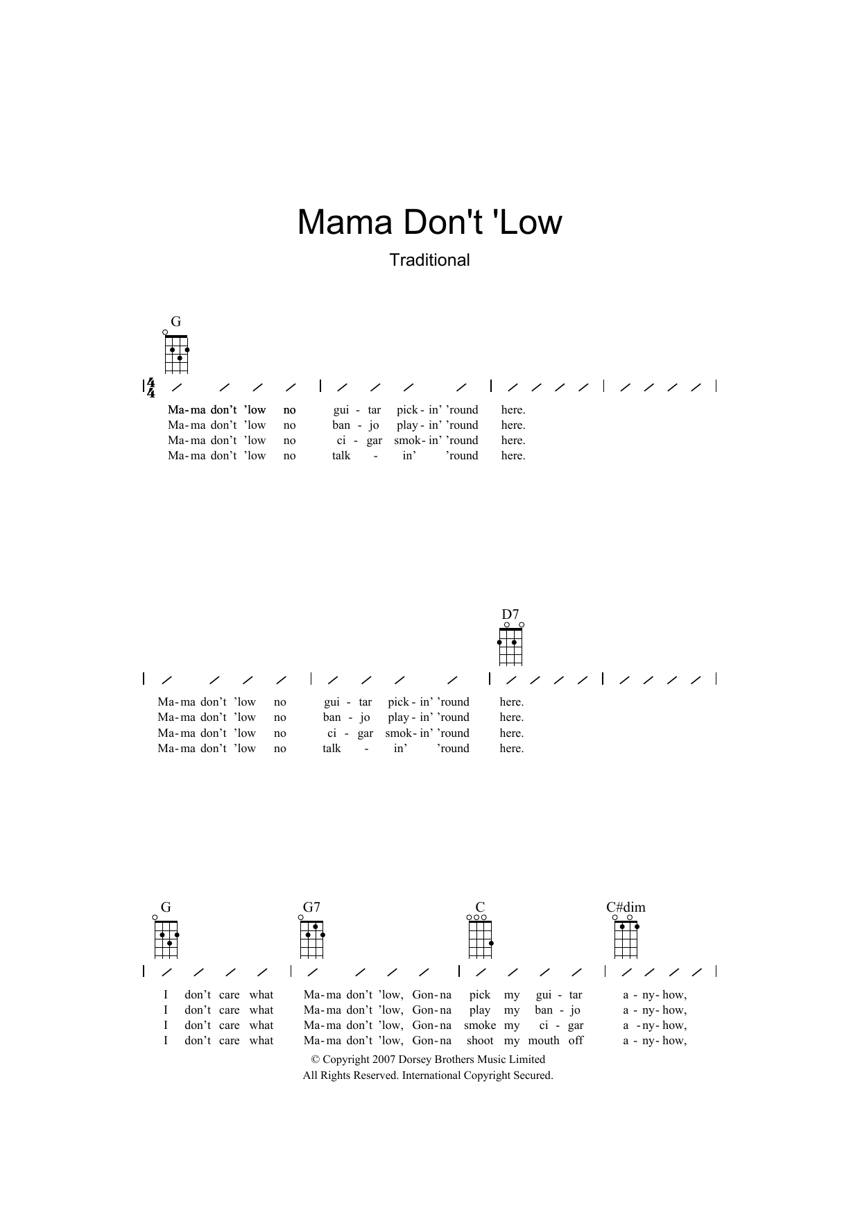 Traditional Mama Don't 'Low sheet music notes and chords arranged for Ukulele Chords/Lyrics