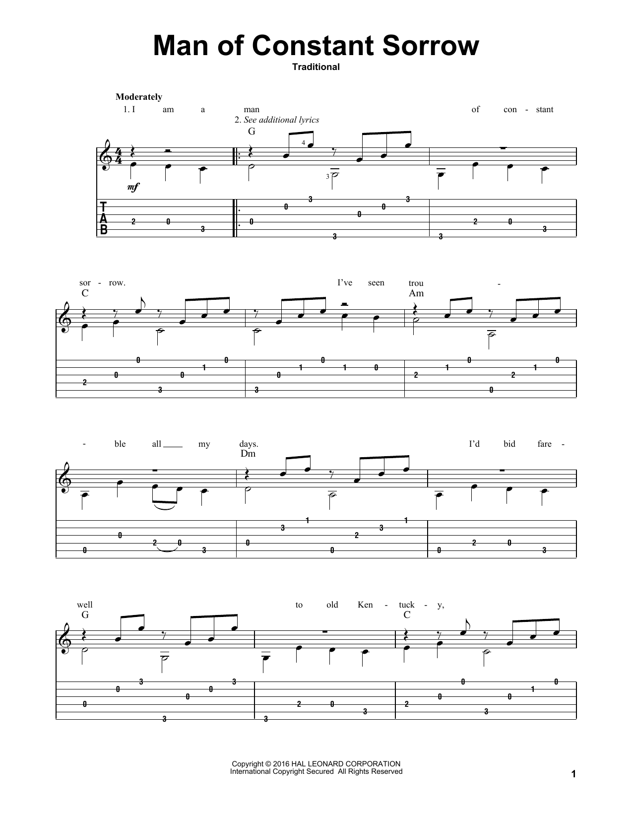 Traditional Man Of Constant Sorrow sheet music notes and chords arranged for Solo Guitar