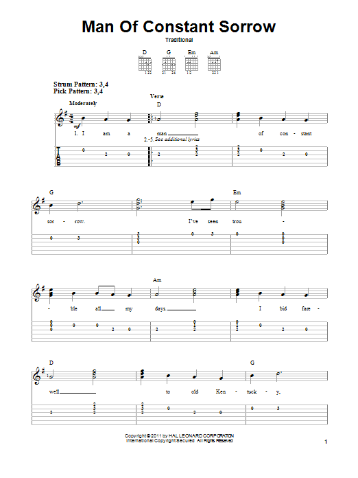 Traditional Man Of Constant Sorrow sheet music notes and chords. Download Printable PDF.