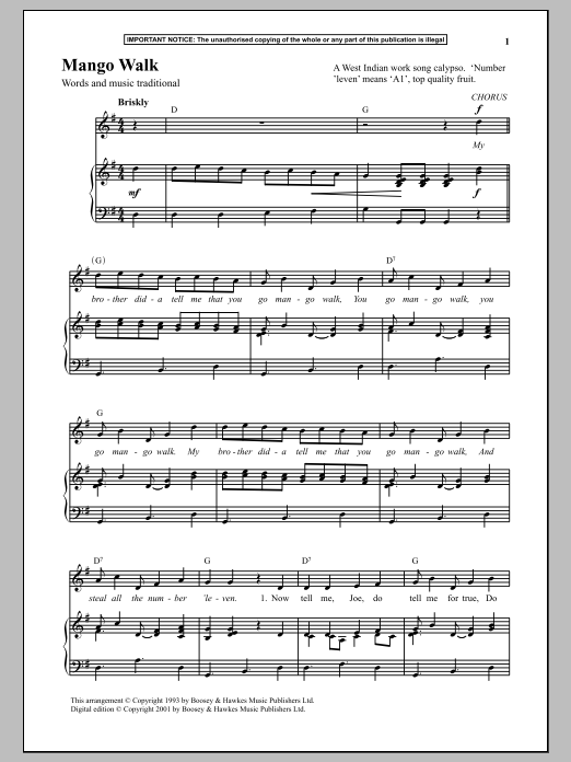 Traditional Mango Walk sheet music notes and chords. Download Printable PDF.