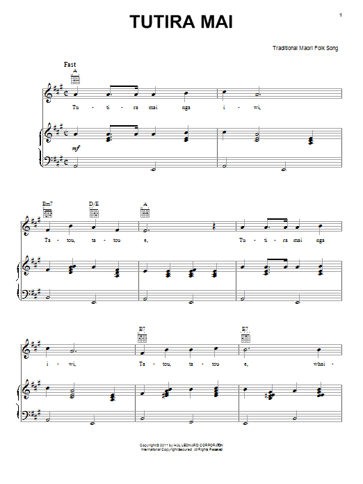 Learn to play Traditional Maori Folk Song Tutira Mai sheet music for Piano, Vocal & Guitar Chords (Right-Hand Melody) in minutes. Price: 7.8900$ Traditional Maori Folk Song Tutira Mai sheet music notes and chords arranged for Piano, Vocal & Guitar Chords (Right-Hand Melody)