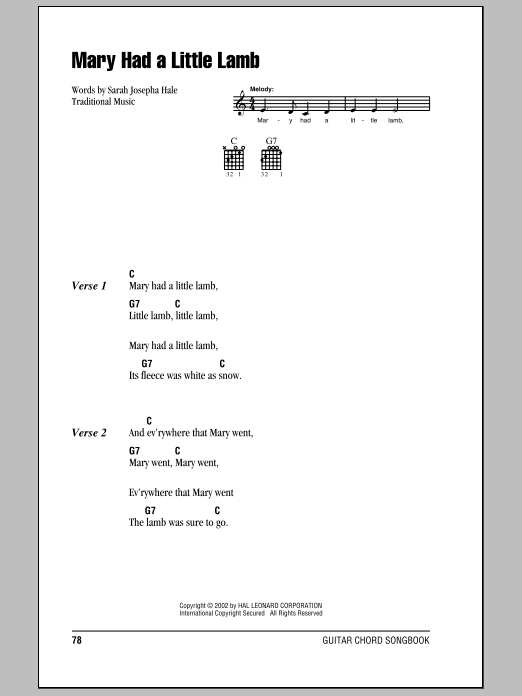 Traditional Mary Had A Little Lamb sheet music notes and chords. Download Printable PDF.