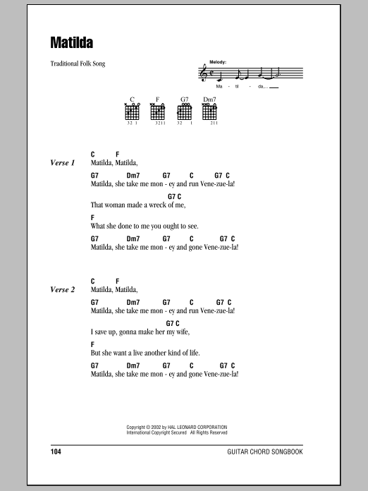 Traditional Matilda sheet music notes and chords. Download Printable PDF.