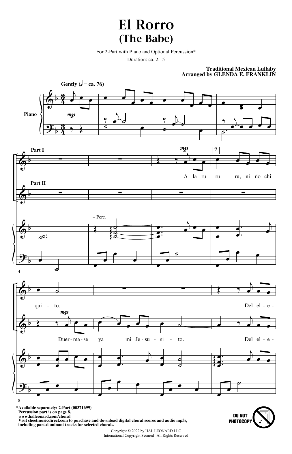 Traditional Mexican Lullaby El Rorro (The Babe) (arr. Glenda E. Franklin) sheet music notes and chords. Download Printable PDF.