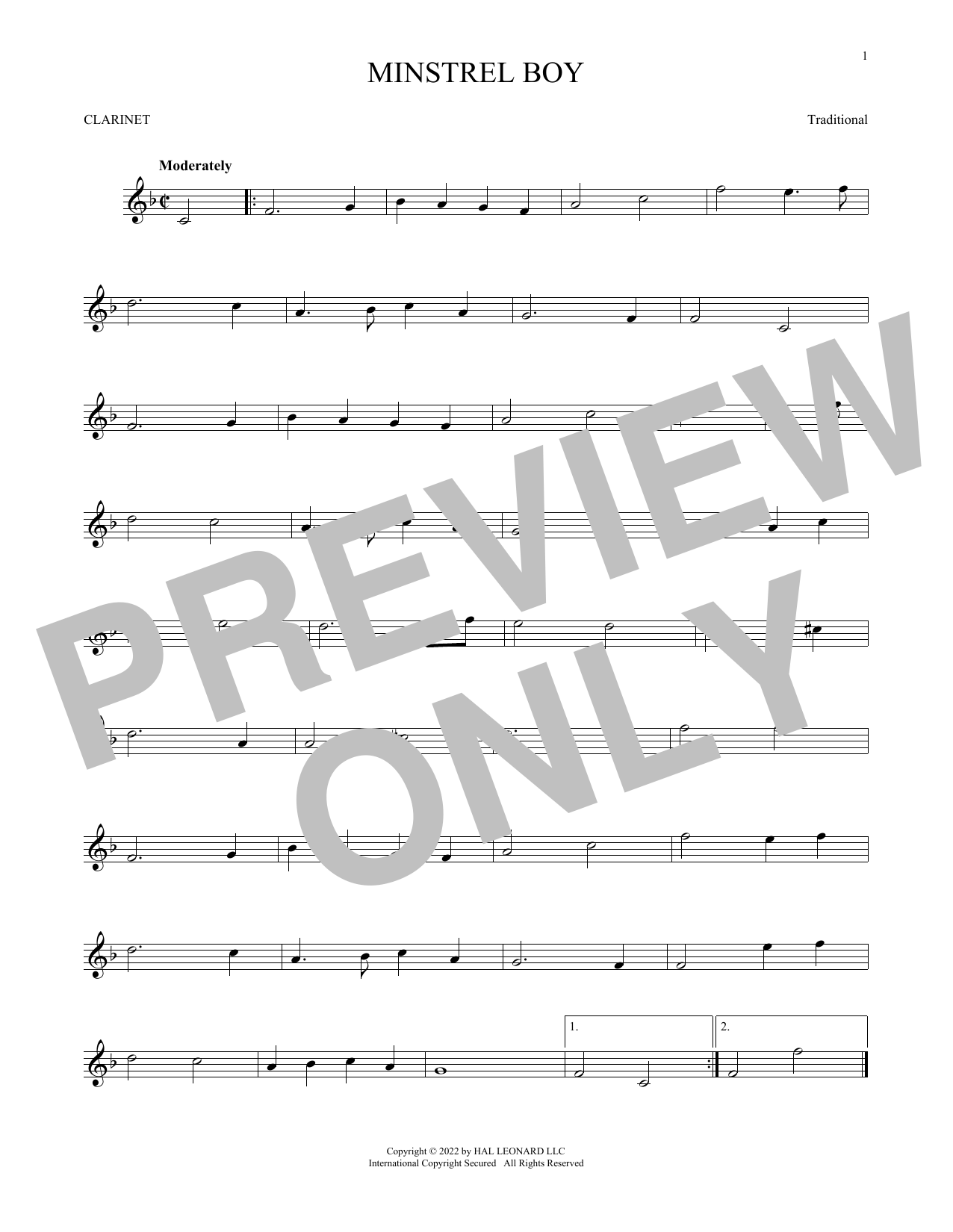 Traditional Minstrel Boy sheet music notes and chords arranged for Flute Solo