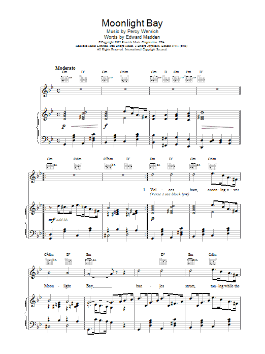 Traditional Moonlight Bay sheet music notes and chords arranged for Piano, Vocal & Guitar Chords