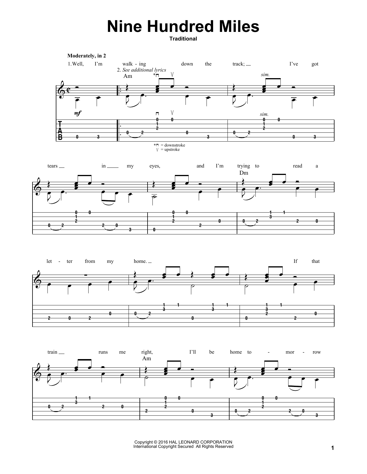 Traditional Folksong Nine Hundred Miles sheet music notes and chords. Download Printable PDF.