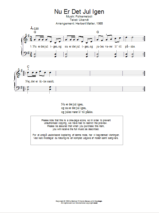 Traditional Nu Er Det Jul Igen sheet music notes and chords arranged for Piano Solo