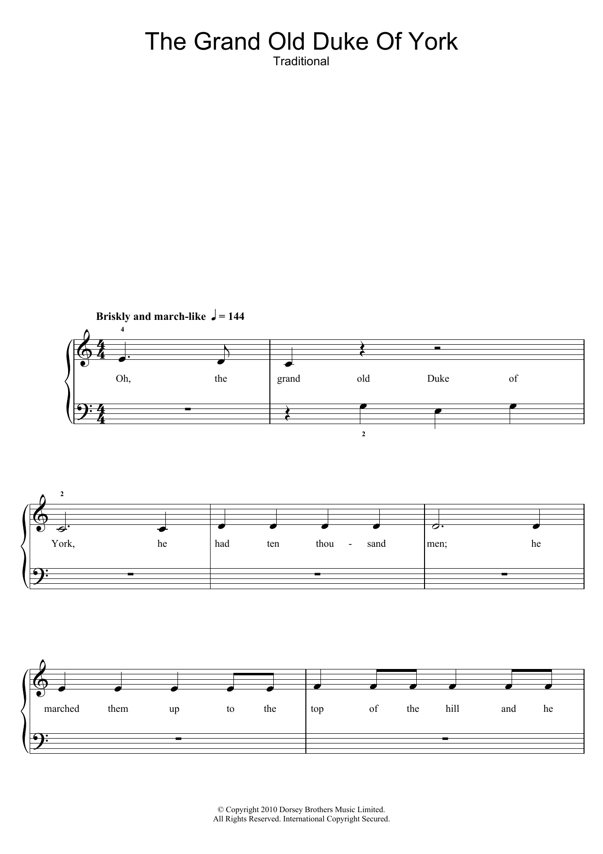 Traditional Nursery Rhyme The Grand Old Duke Of York sheet music notes and chords. Download Printable PDF.