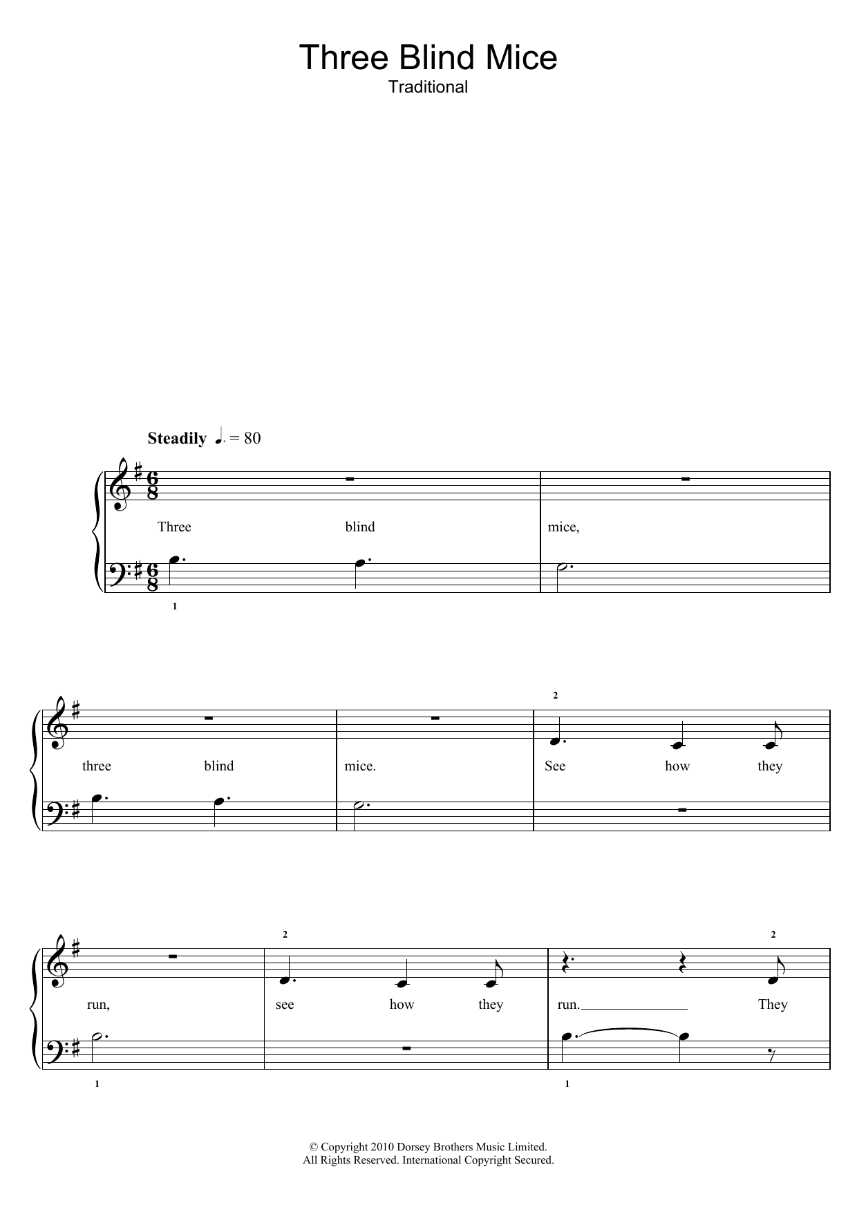 Traditional Nursery Rhyme Three Blind Mice sheet music notes and chords. Download Printable PDF.