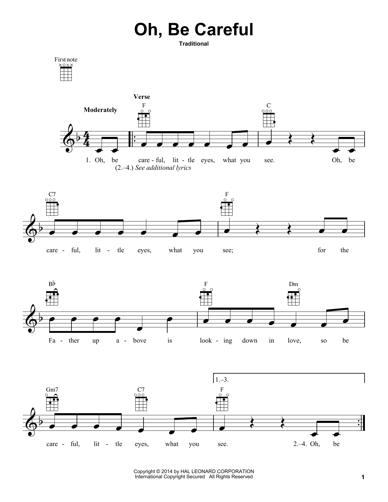 Learn to play Traditional Oh, Be Careful sheet music for Ukulele in minutes. Price: 5.9900$ Traditional Oh, Be Careful sheet music notes and chords arranged for Ukulele