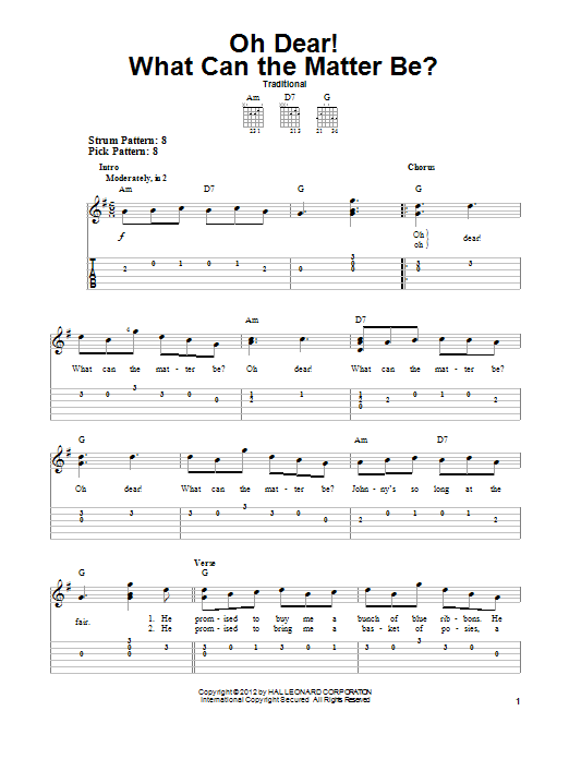 Traditional Oh Dear What Can The Matter Be? sheet music notes and chords arranged for Piano, Vocal & Guitar Chords (Right-Hand Melody)