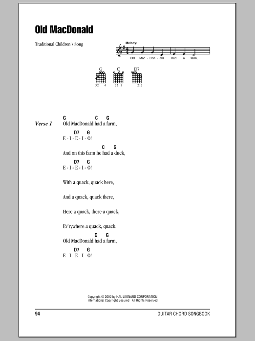 Traditional Old MacDonald sheet music notes and chords. Download Printable PDF.