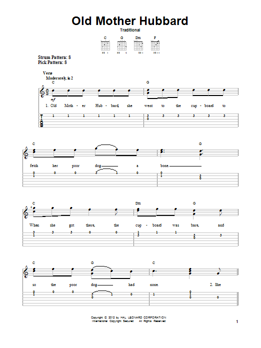 Traditional Old Mother Hubbard sheet music notes and chords. Download Printable PDF.