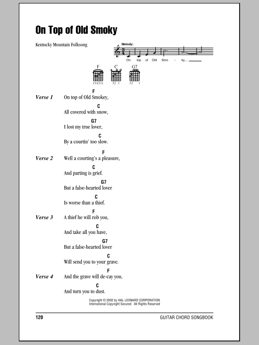 Traditional On Top Of Old Smoky sheet music notes and chords. Download Printable PDF.