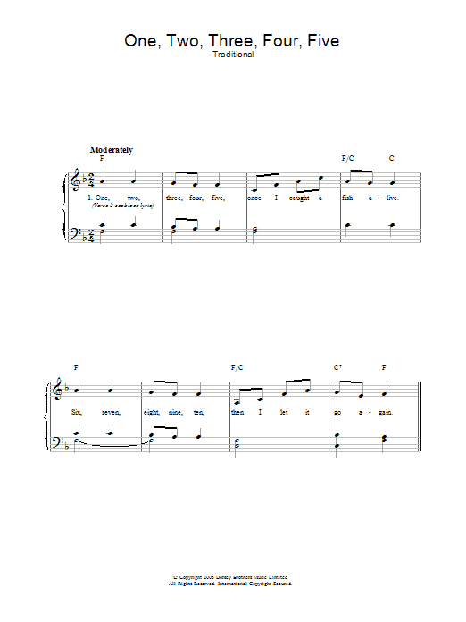 Learn to play Traditional One Two Three Four Five sheet music for Piano, Vocal & Guitar Chords in minutes. Price: 7.8900$ Traditional One Two Three Four Five sheet music notes and chords arranged for Piano, Vocal & Guitar Chords