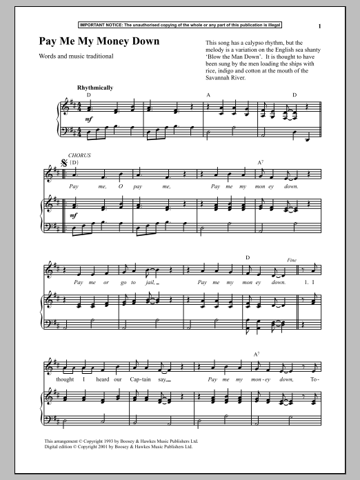 Traditional Pay Me My Money Down sheet music notes and chords. Download Printable PDF.