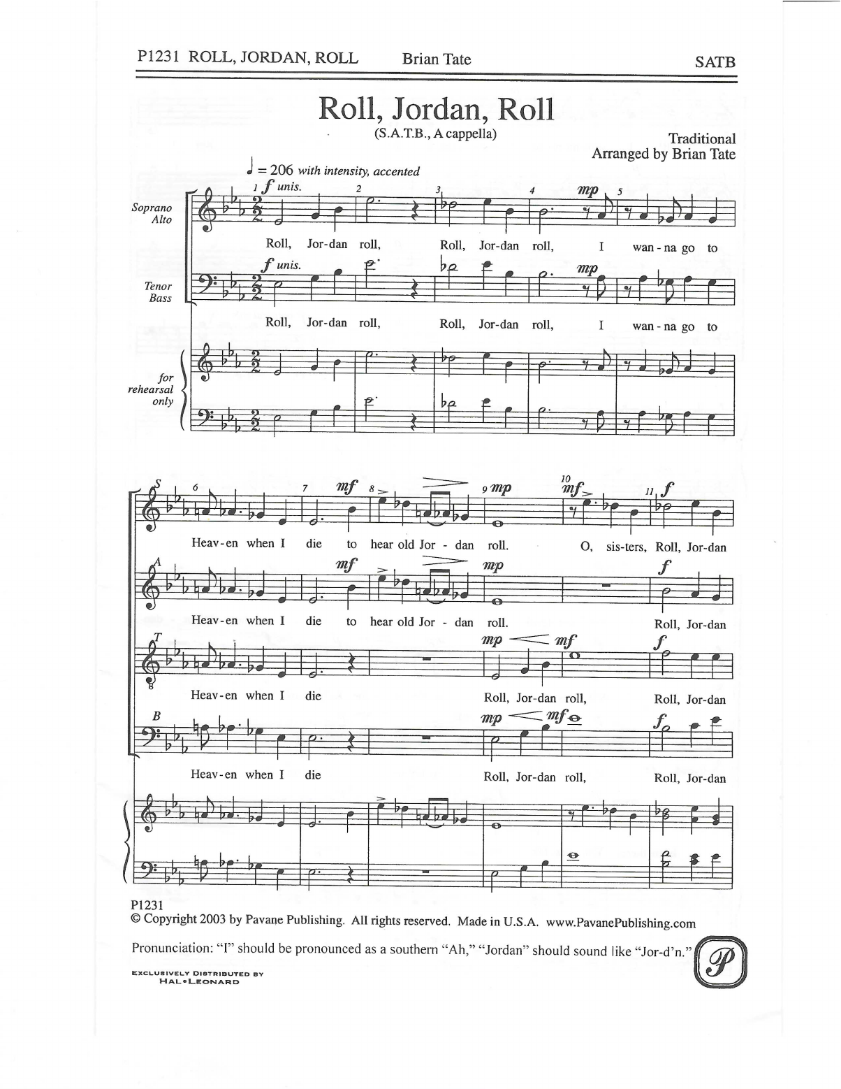 Traditional Roll, Jordan, Roll (arr. Brian Tate) sheet music notes and chords. Download Printable PDF.