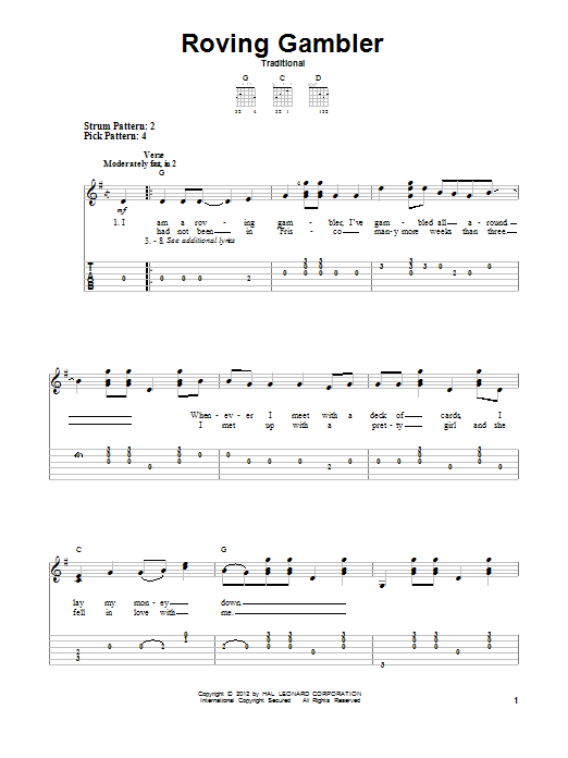 Traditional Roving Gambler sheet music notes and chords. Download Printable PDF.