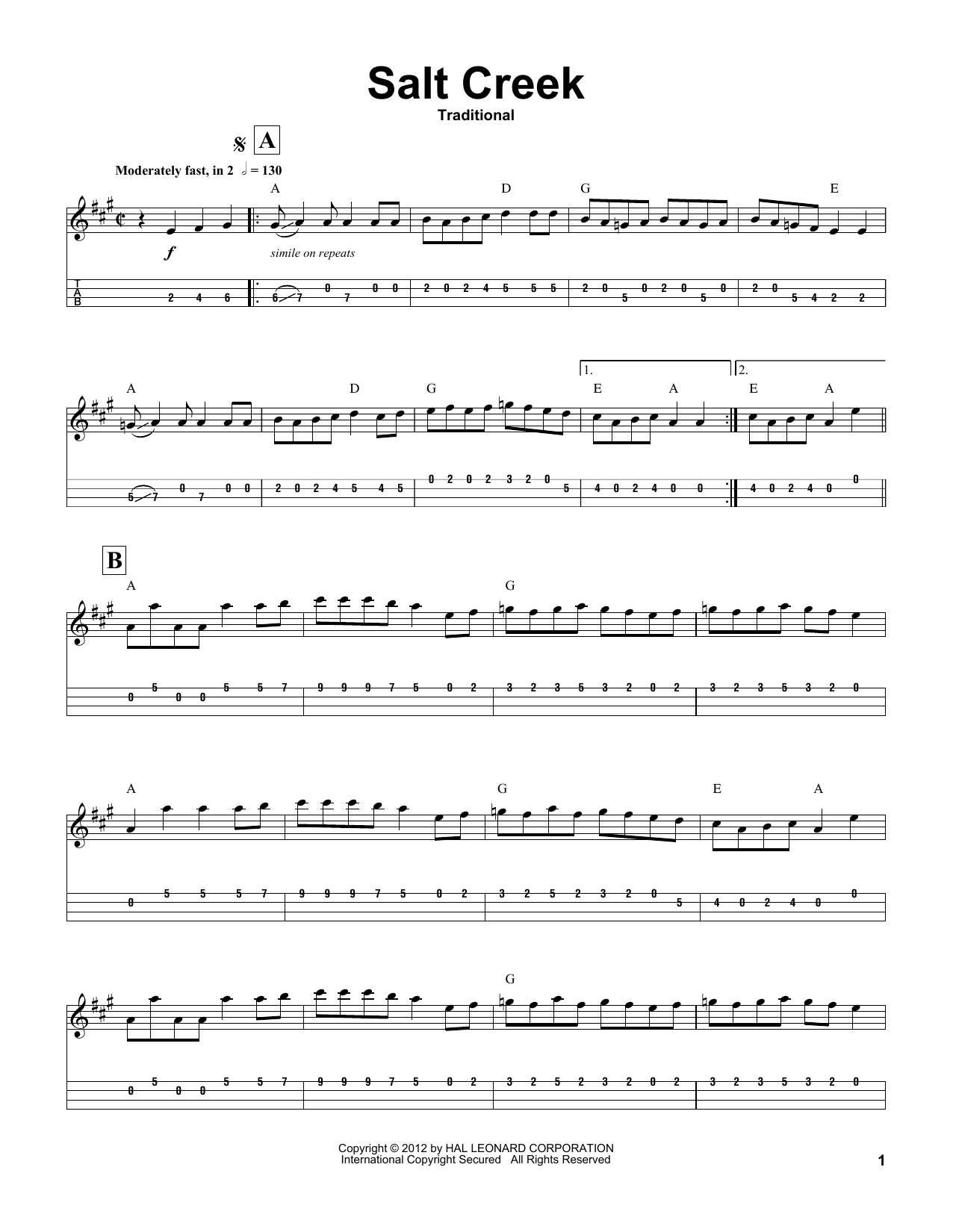 Traditional Salt Creek sheet music notes and chords. Download Printable PDF.