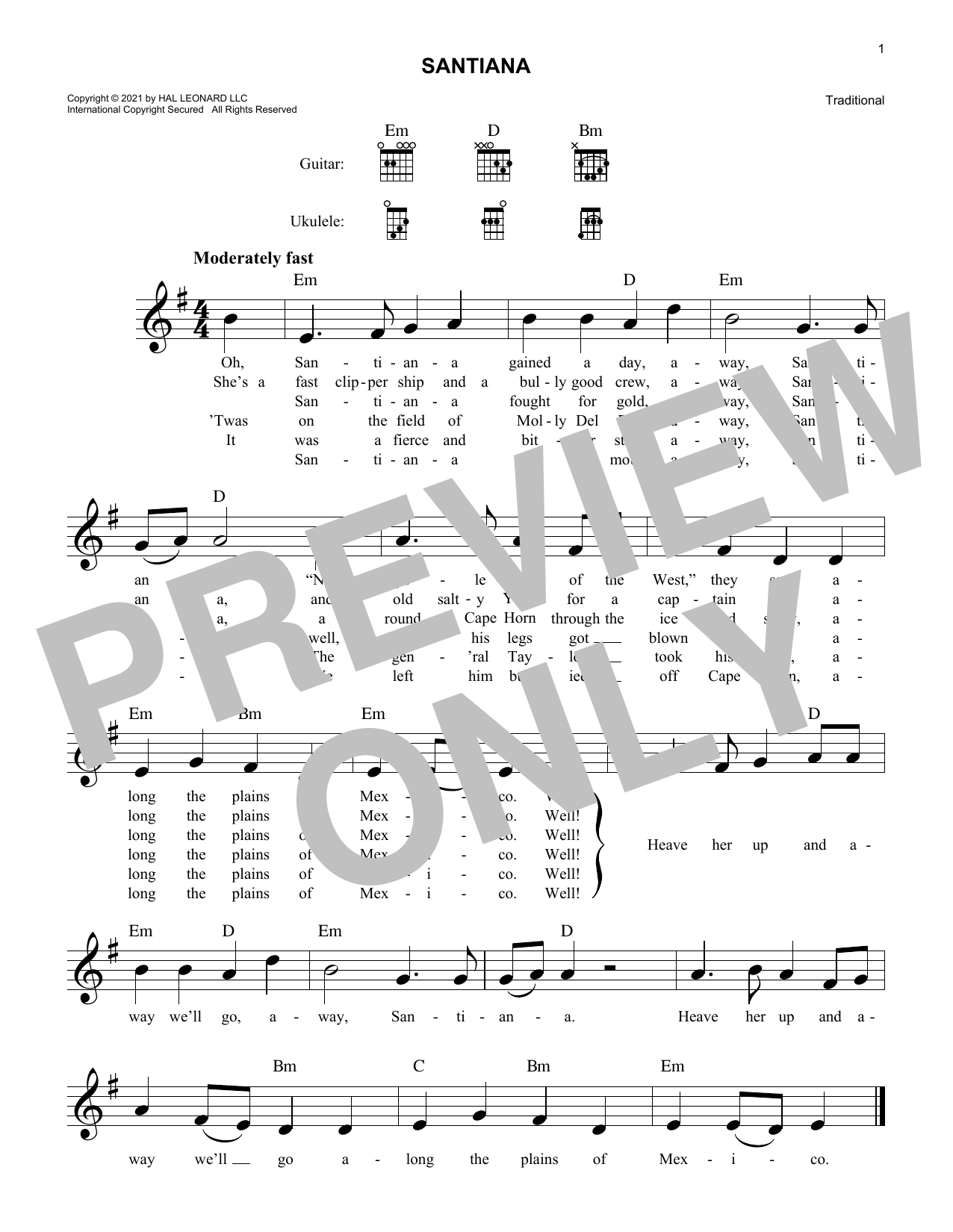 Learn to play Traditional Santiana sheet music for Lead Sheet / Fake Book in minutes. Price: 5.9900$ Traditional Santiana sheet music notes and chords arranged for Lead Sheet / Fake Book