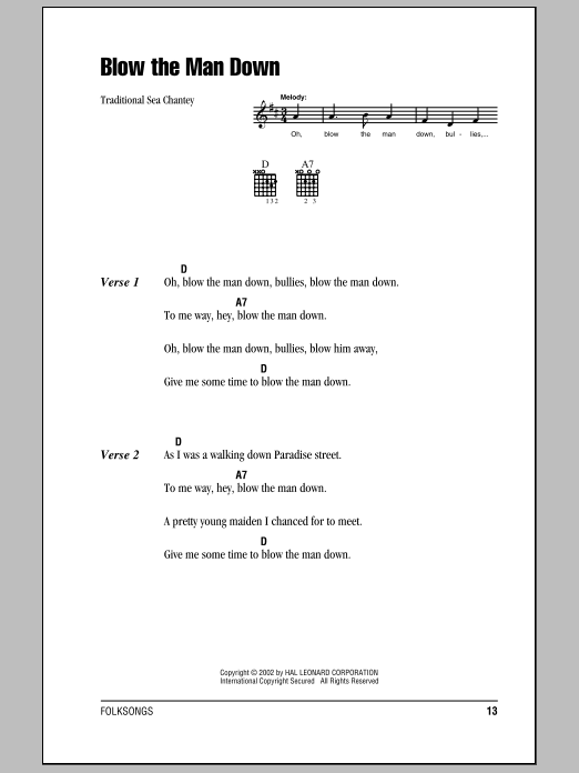 Traditional Sea Chantey Blow The Man Down sheet music notes and chords. Download Printable PDF.