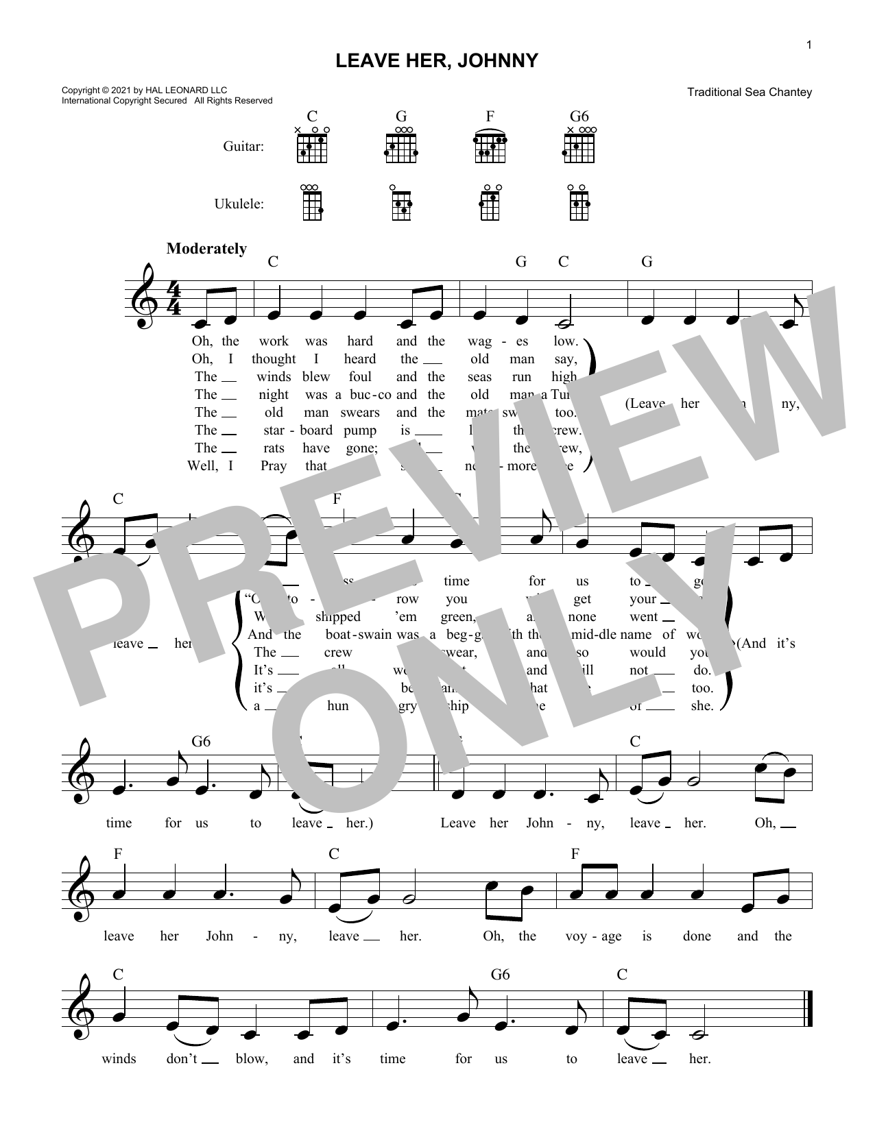 Traditional Sea Chantey Leave Her, Johnny sheet music notes and chords. Download Printable PDF.