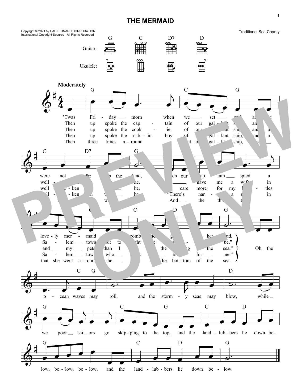 Traditional Sea Chanty The Mermaid sheet music notes and chords. Download Printable PDF.