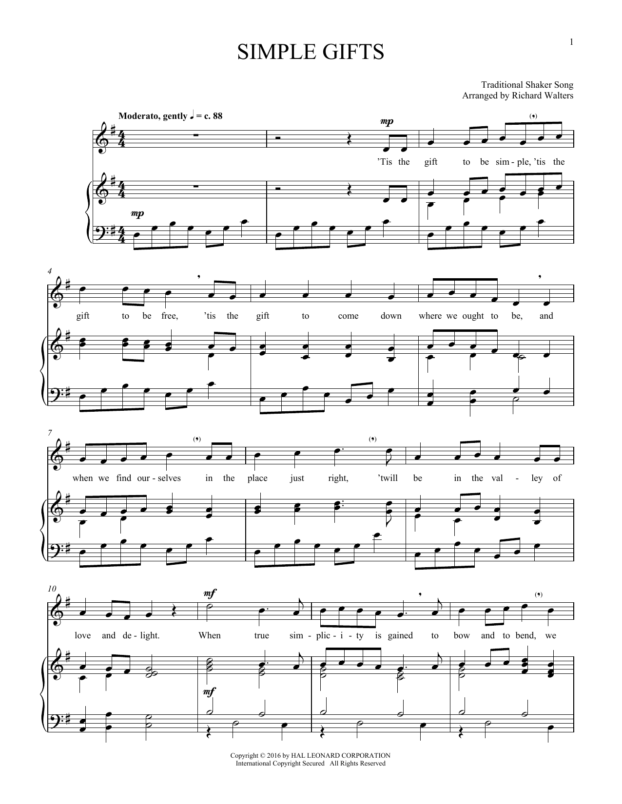 Traditional Shaker Hymn Simple Gifts sheet music notes and chords. Download Printable PDF.