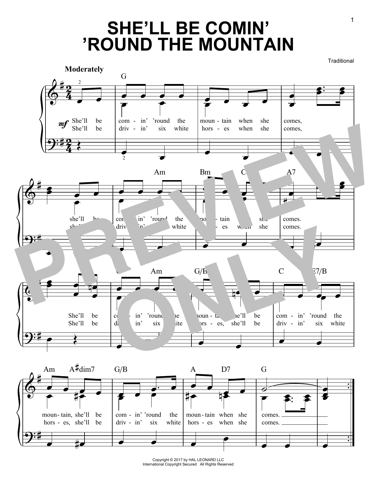 Traditional She'll Be Comin' 'Round The Mountain sheet music notes and chords. Download Printable PDF.